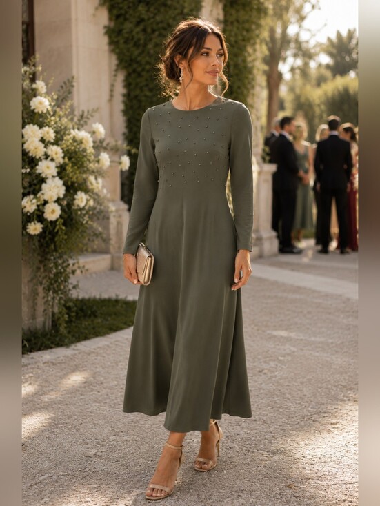 Aynaz Dresses & Skirts - Aynaz Beaded Long Sleeve Midi Dress Modest Wedding Guest Party Women's 38 NWT